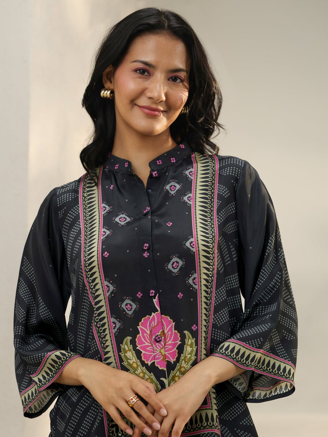  Black Bandhani Printed Crepe Shirt 