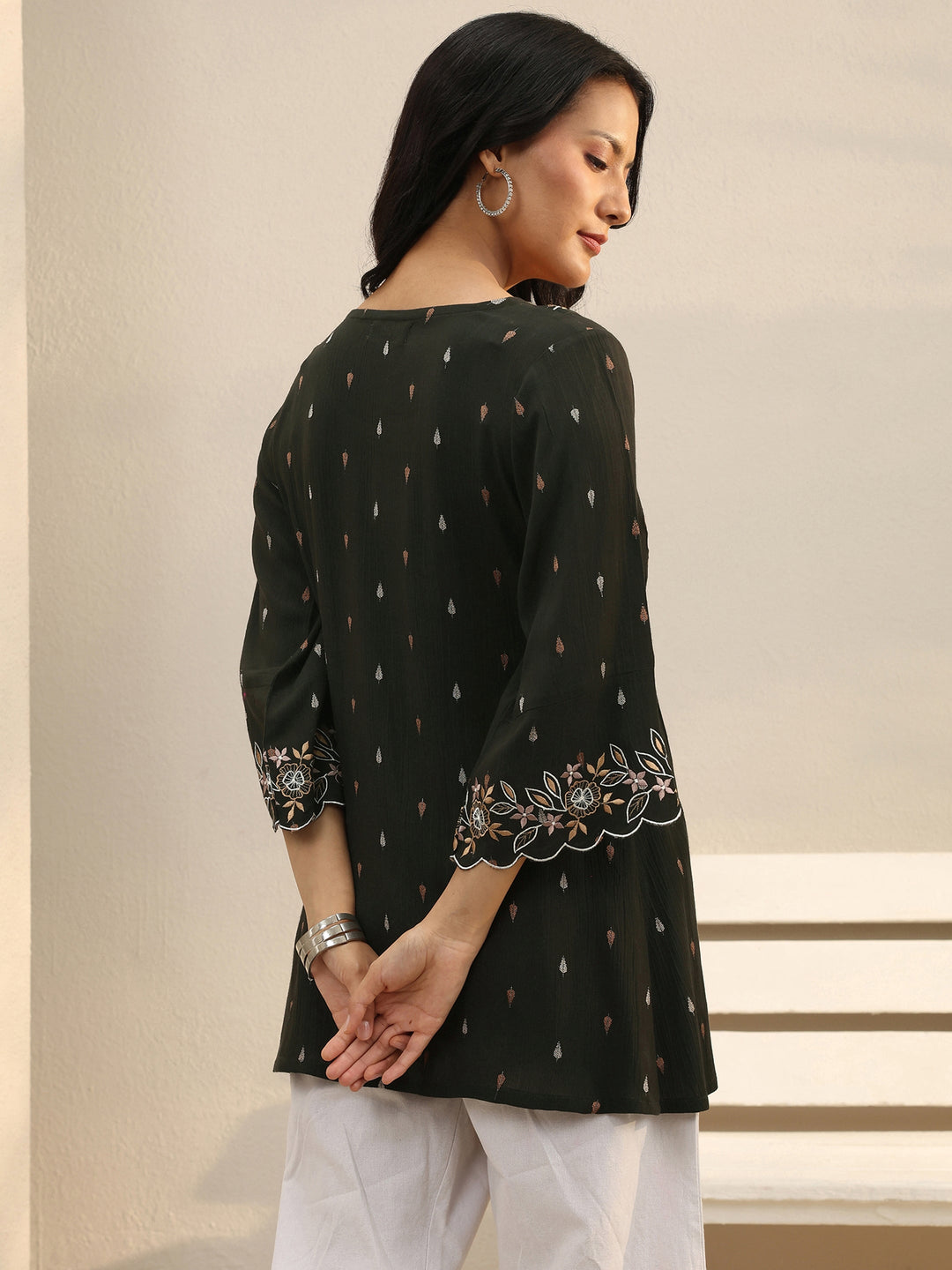  Dark Green Floral Embroidered Rayon A-Line Short Kurti 