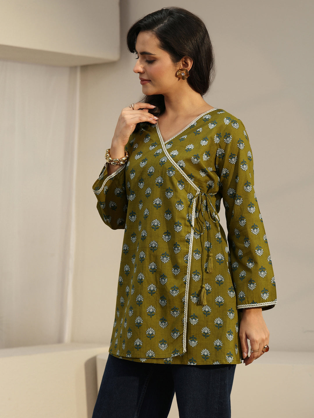  Libas Olive Green Angrakha Floral Printed Cotton Short Kurti 