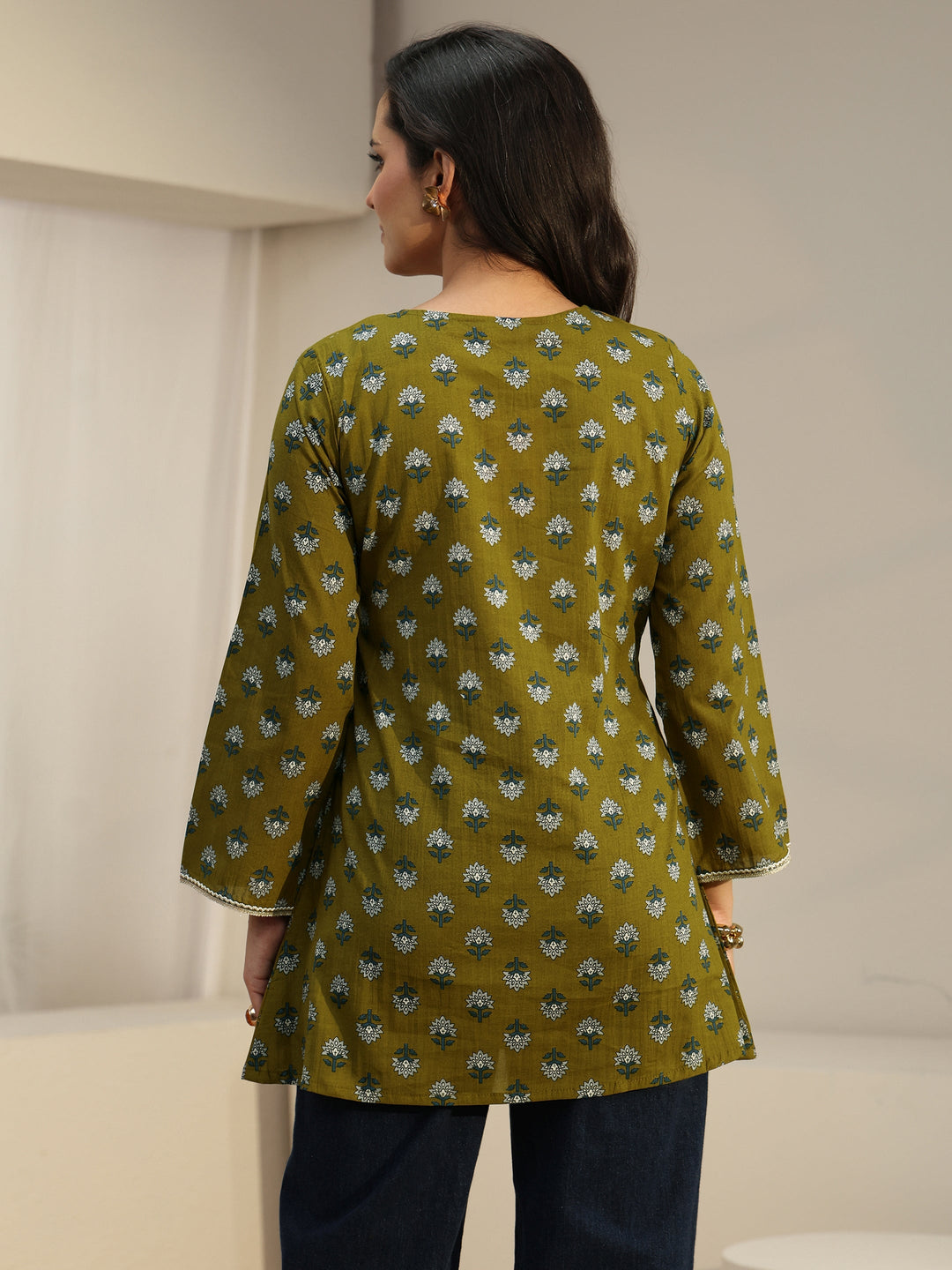  Libas Olive Green Angrakha Floral Printed Cotton Short Kurti 