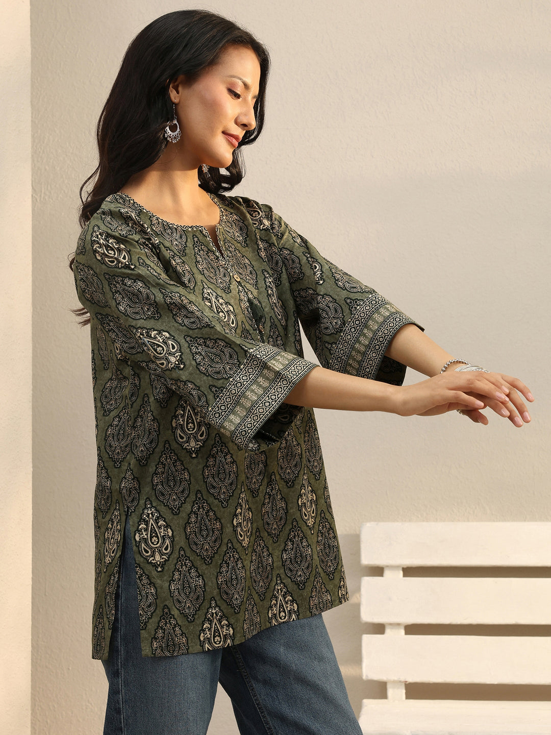  Green Ethnic Printed Cotton Tassel Tunic 