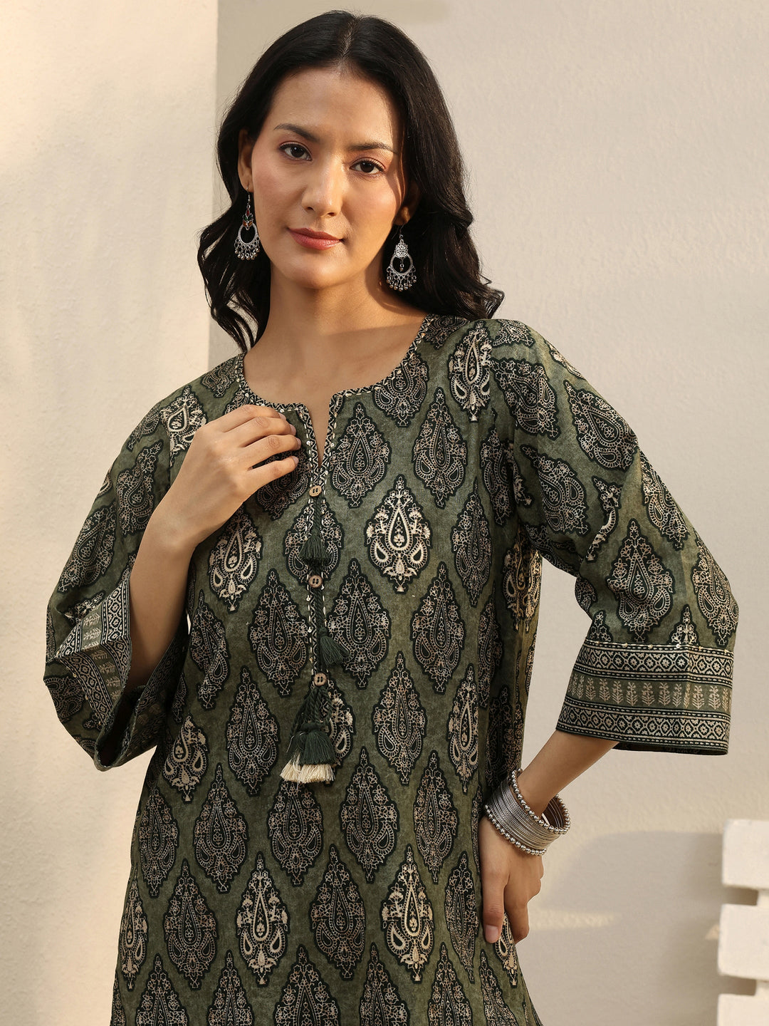 Green Ethnic Printed Cotton Tassel Tunic 