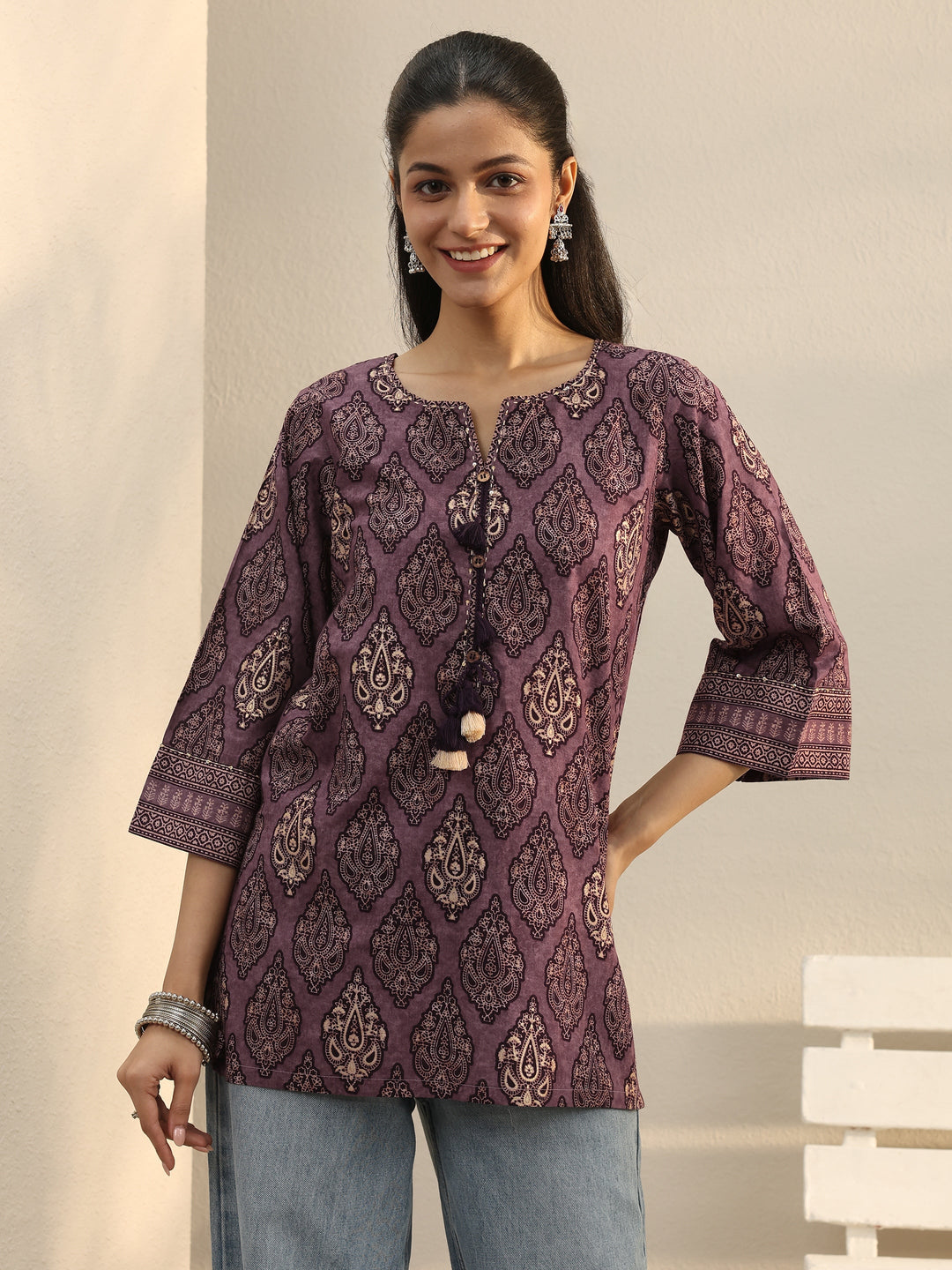  Purple Ethnic Printed Cotton Tassel Tunic 