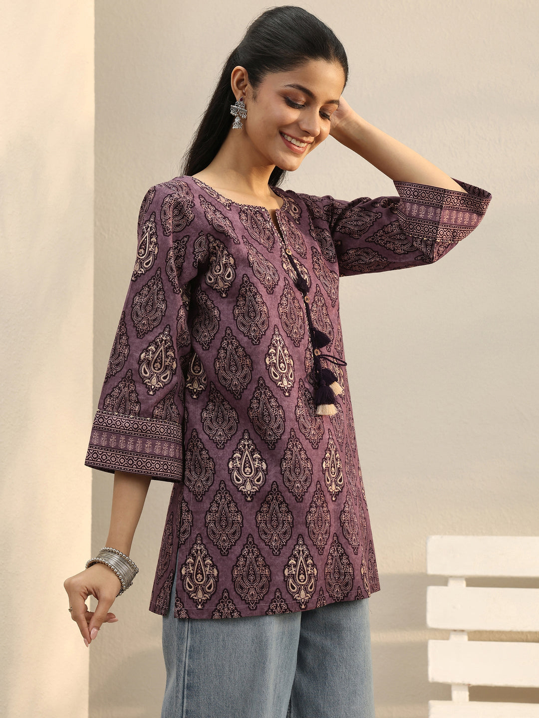  Purple Ethnic Printed Cotton Tassel Tunic 