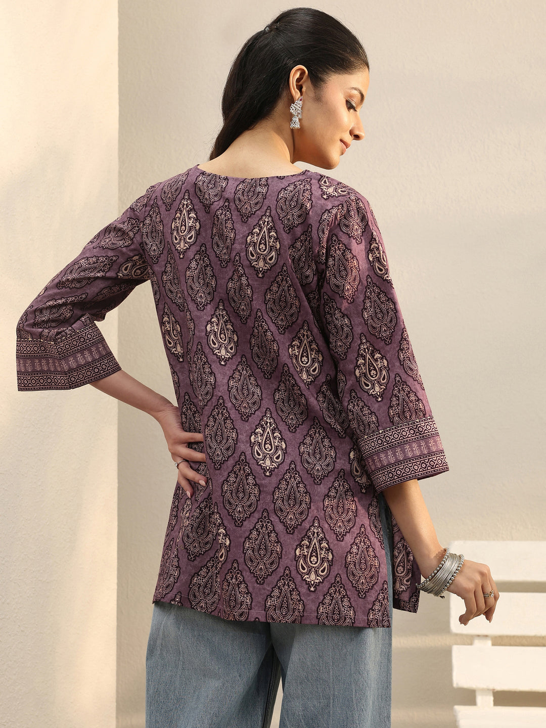  Purple Ethnic Printed Cotton Tassel Tunic 