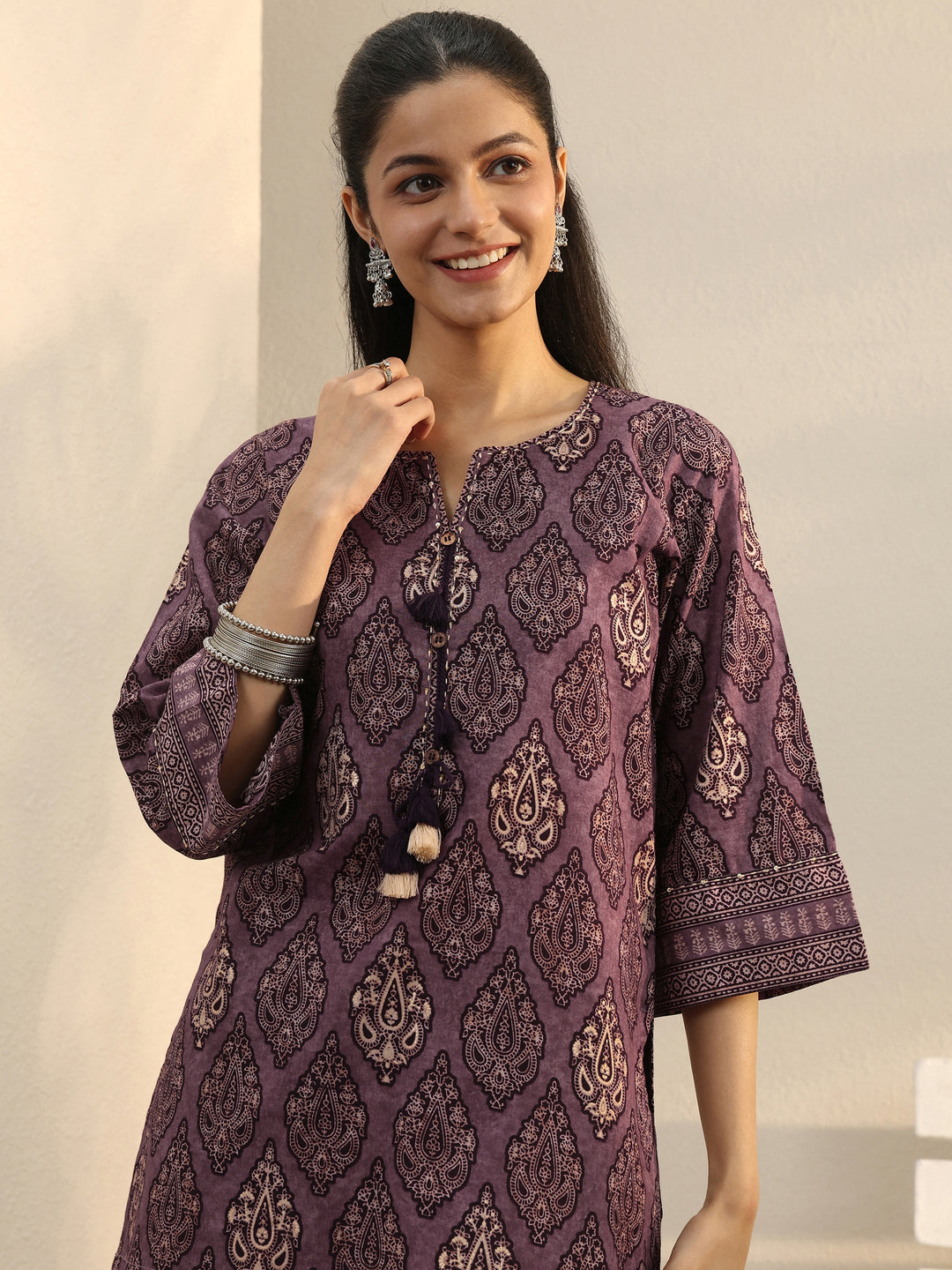  Purple Ethnic Printed Cotton Tassel Tunic 