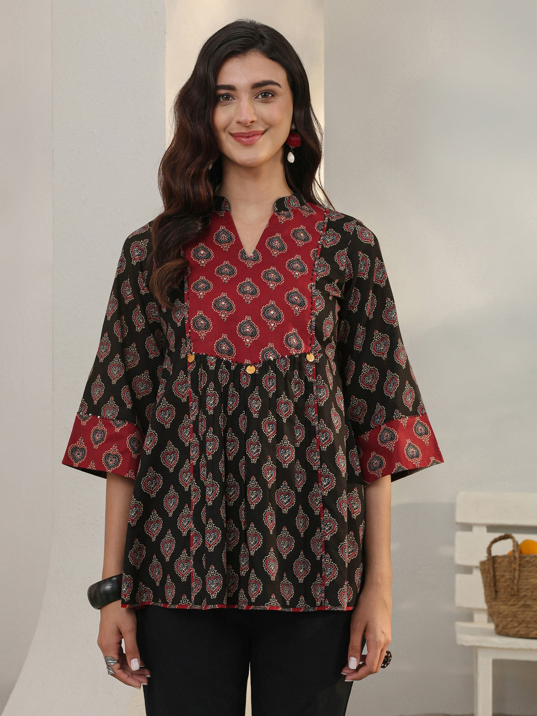  Black Ethnic Printed Cotton A-Line Short Kurti 