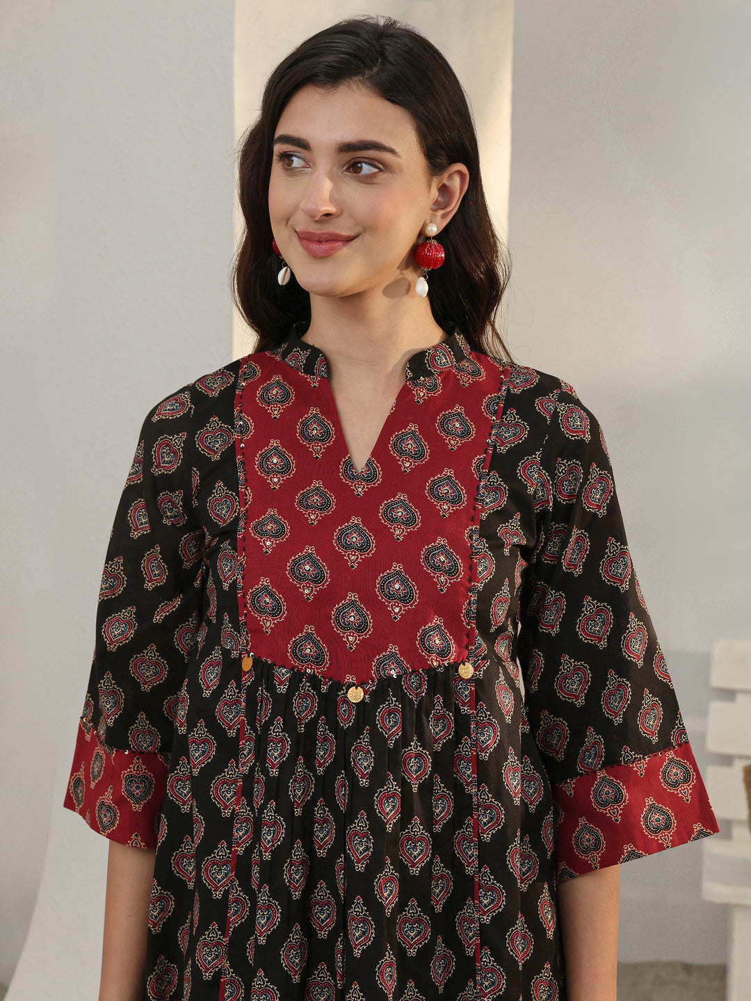  Black Ethnic Printed Cotton A-Line Short Kurti 