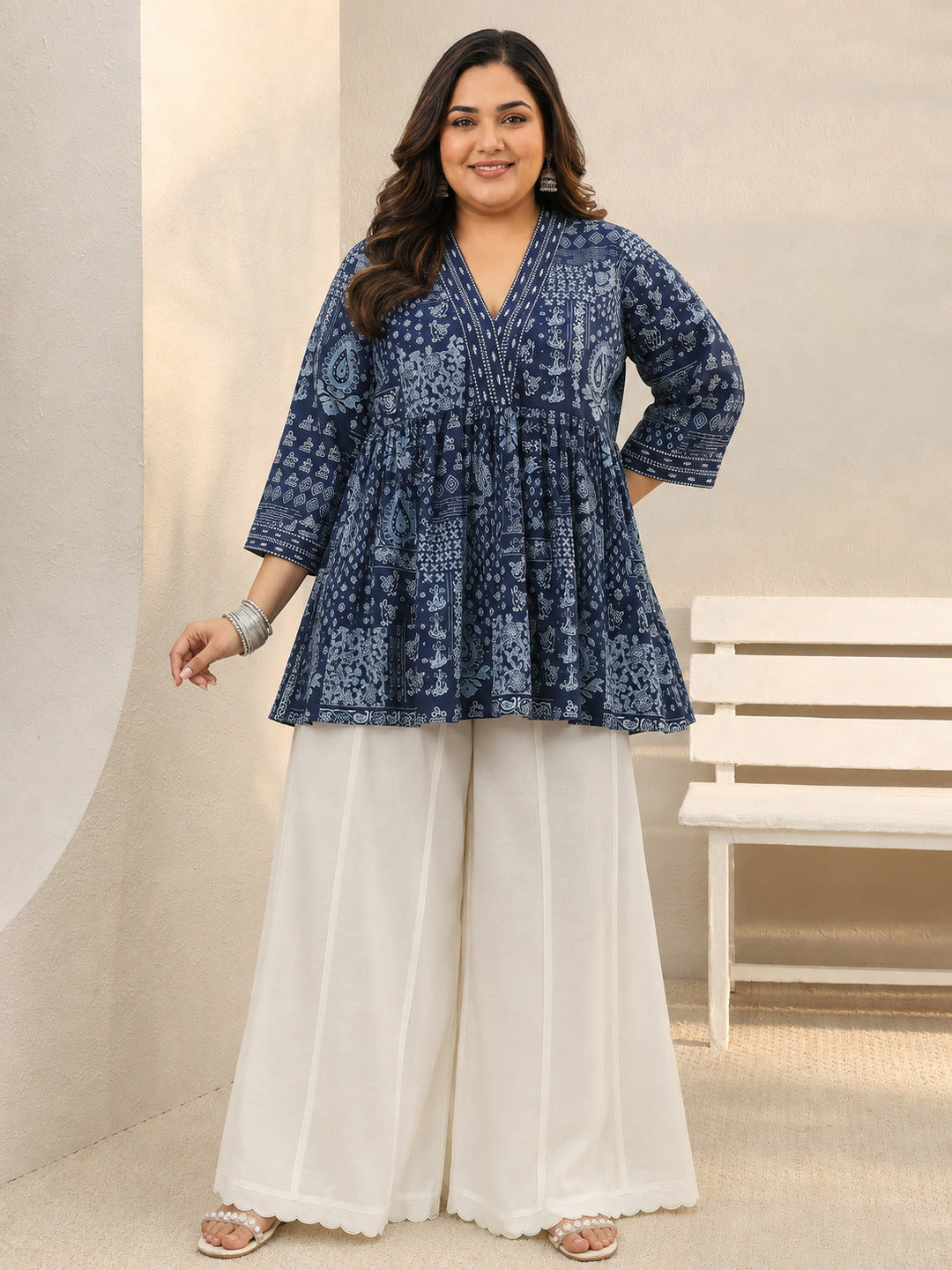  Plus Size Blue Ethnic Printed Cotton A-Line Short Kurti 