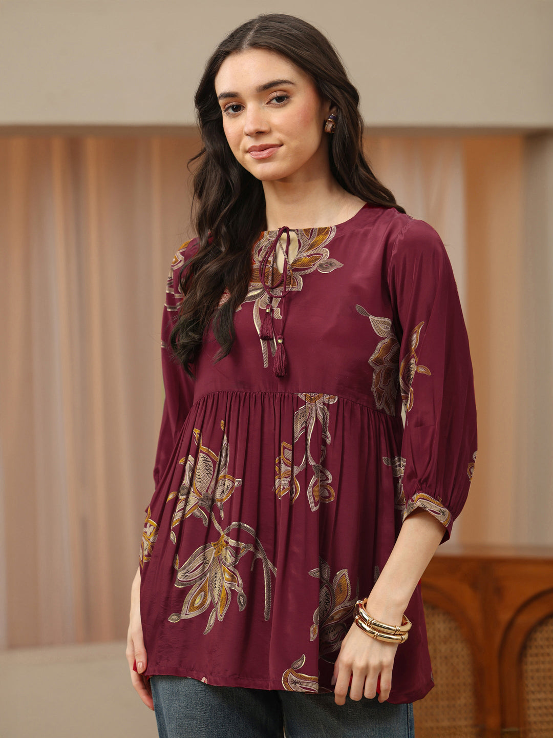  Red Floral Printed Rayon A-Line Short Kurti 