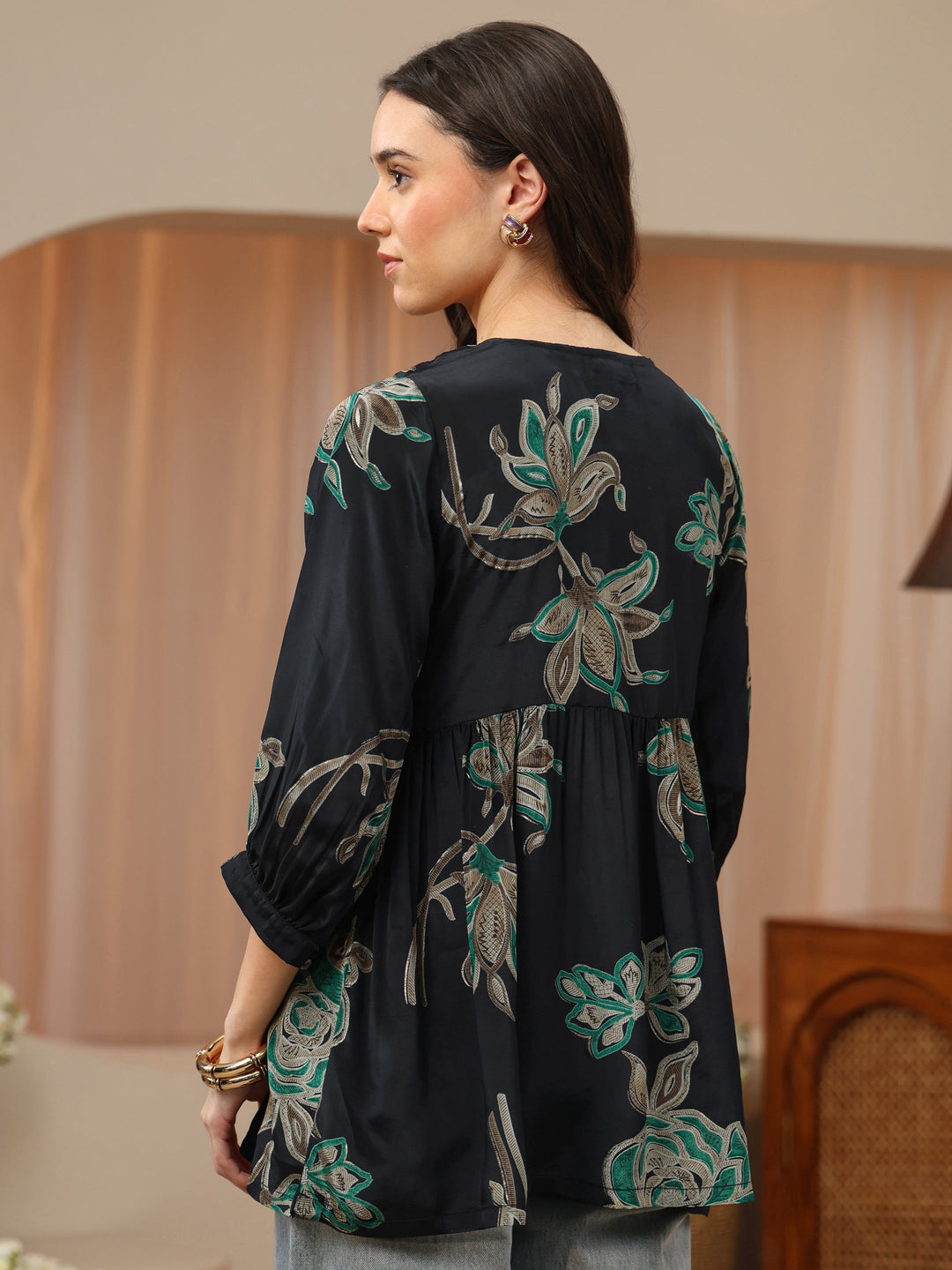  Black Floral Printed Rayon A-Line Short Kurti 