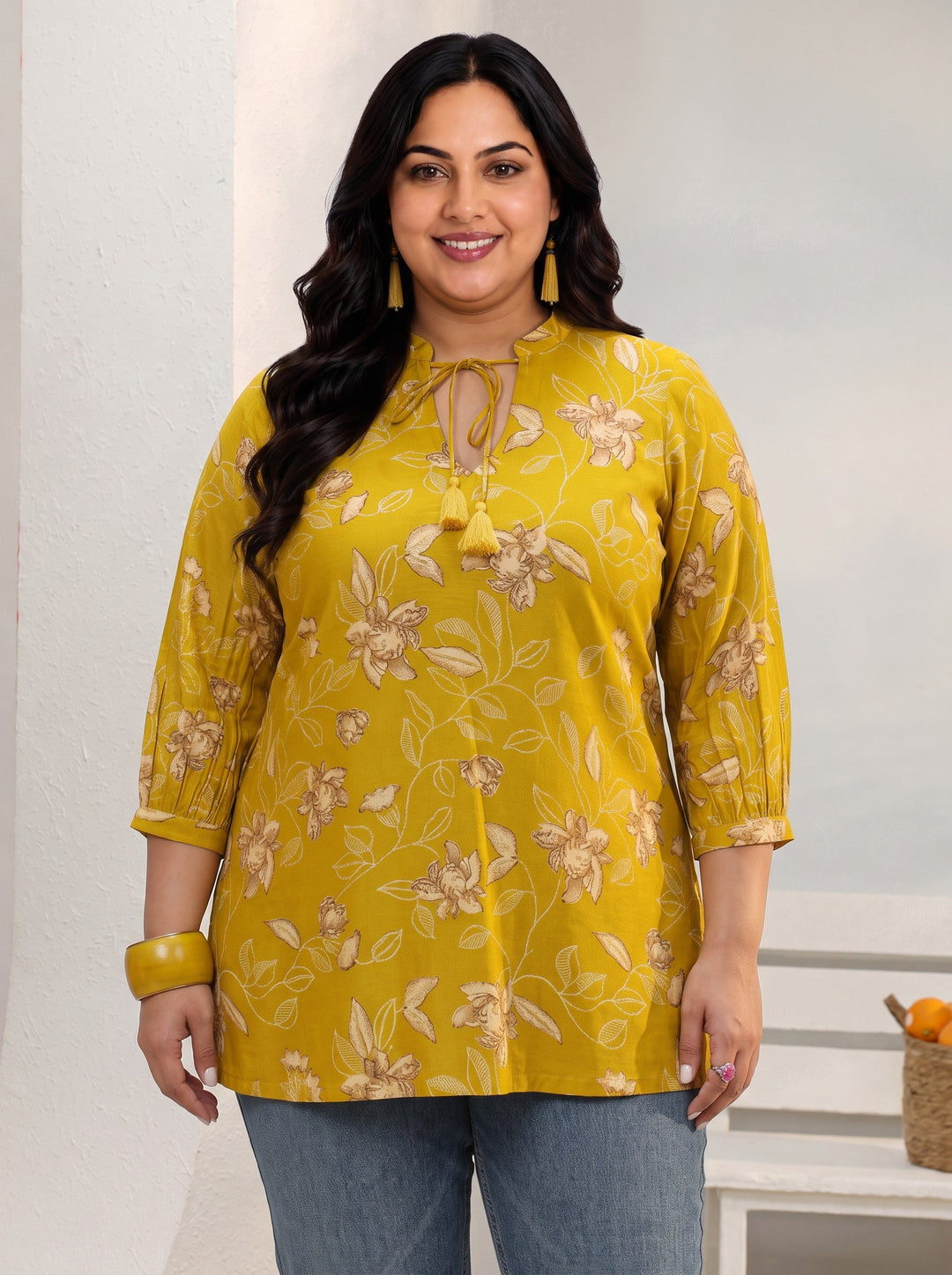  Plus Size Mustard Floral Printed Silk Blend Straight Tie-Up Short Kurti 
