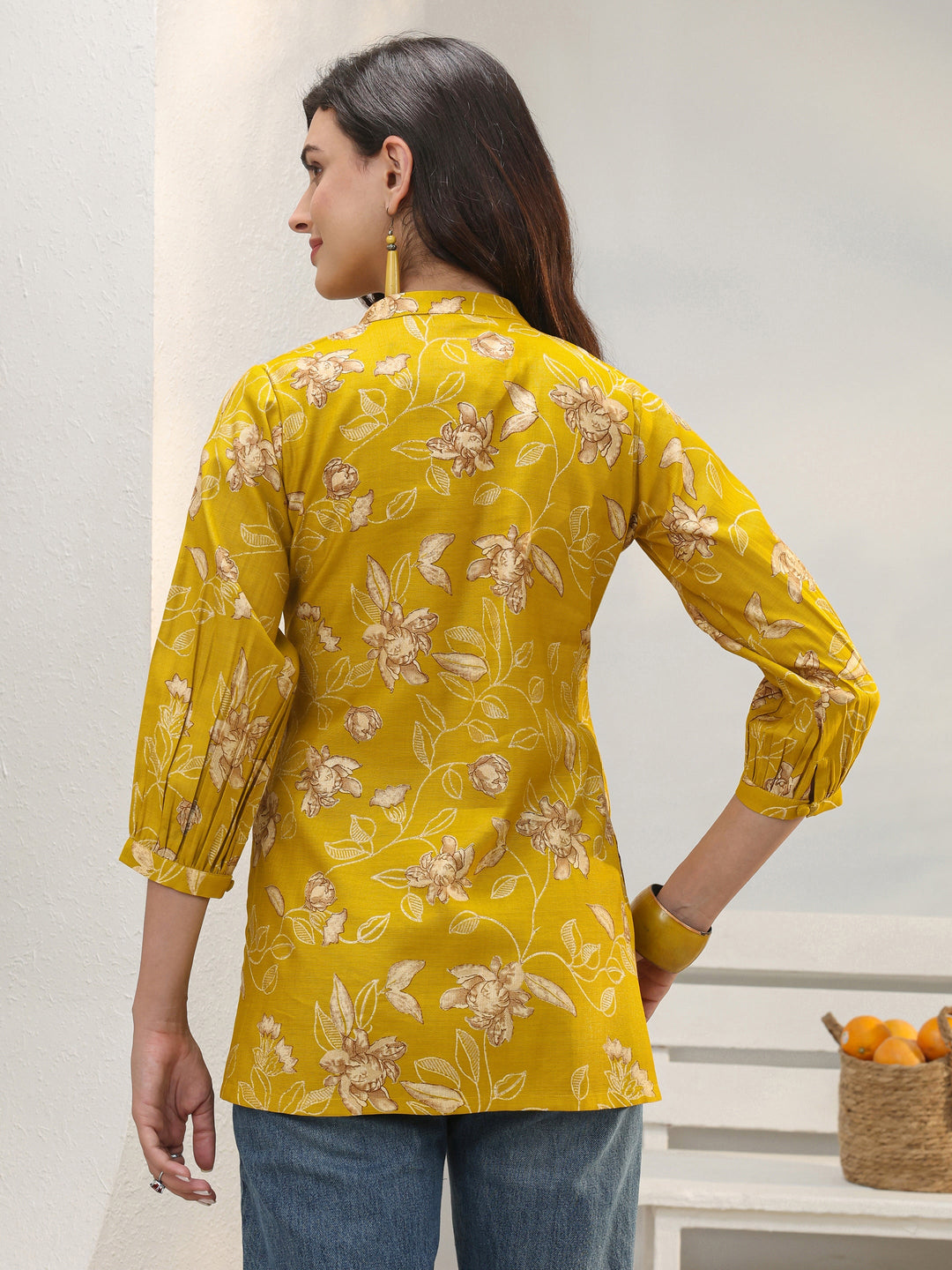  Mustard Floral Printed Silk Blend Straight Tie-Up Short Kurti 