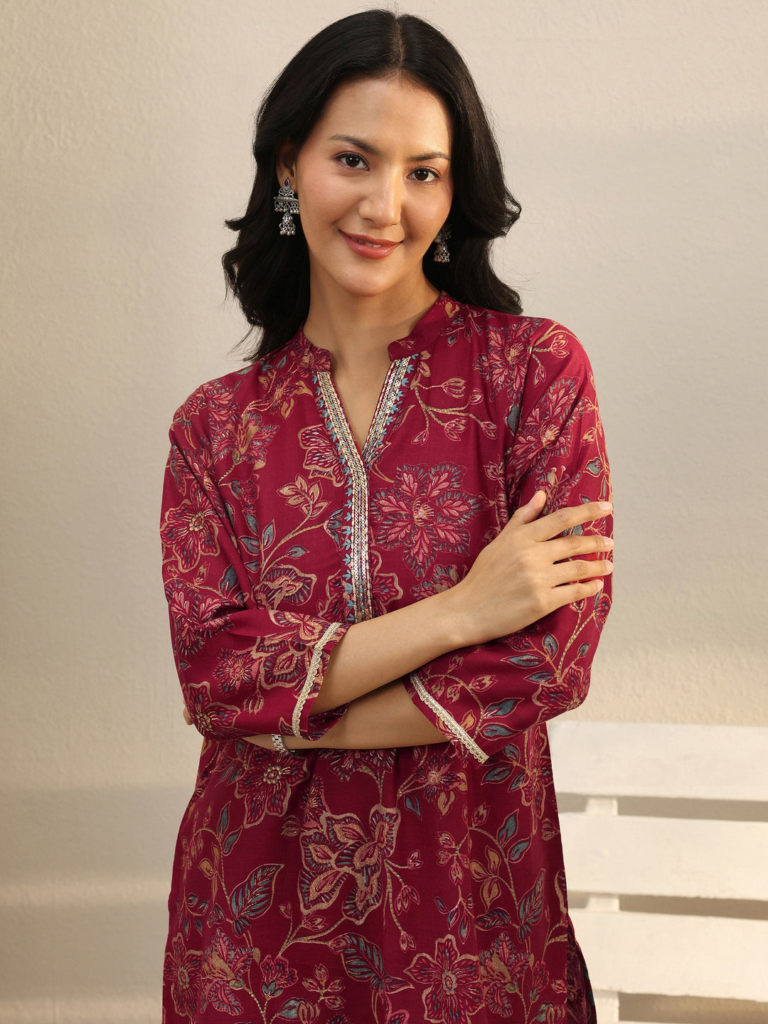  Maroon Floral Printed Silk Blend Straight Short Kurti 