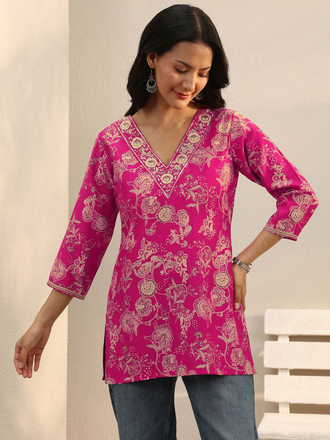  Pink Floral Printed Silk Blend Straight Short Kurti 