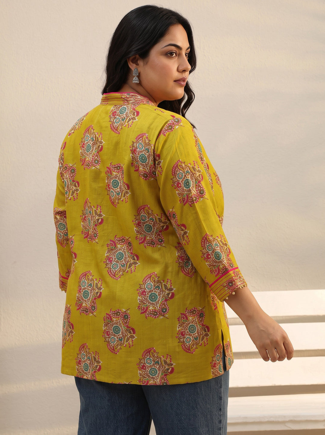  Plus Size Green Ethnic Printed Silk Blend A-Line Short Kurti 