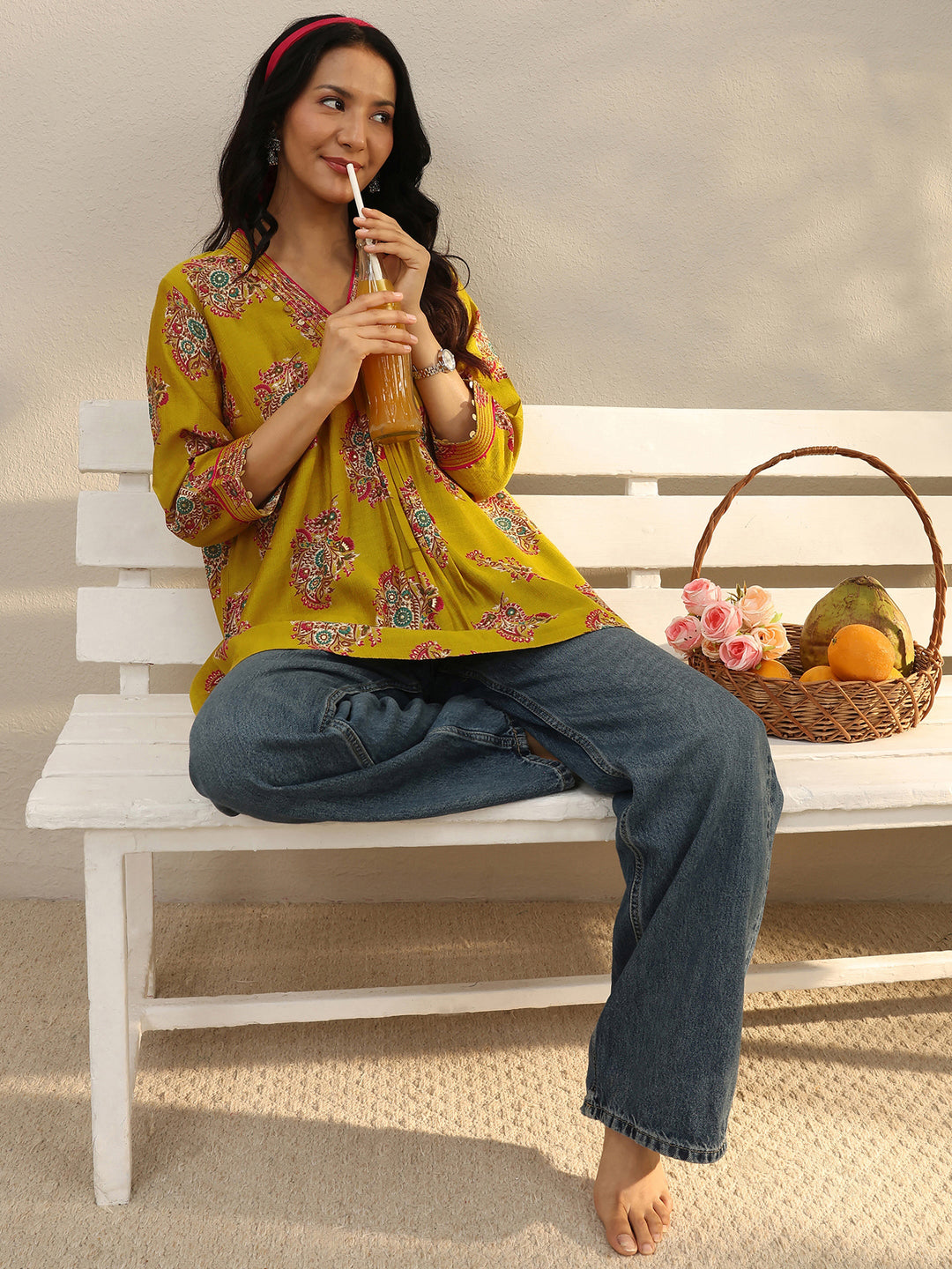  Green Ethnic Printed Silk Blend A-Line Short Kurti 