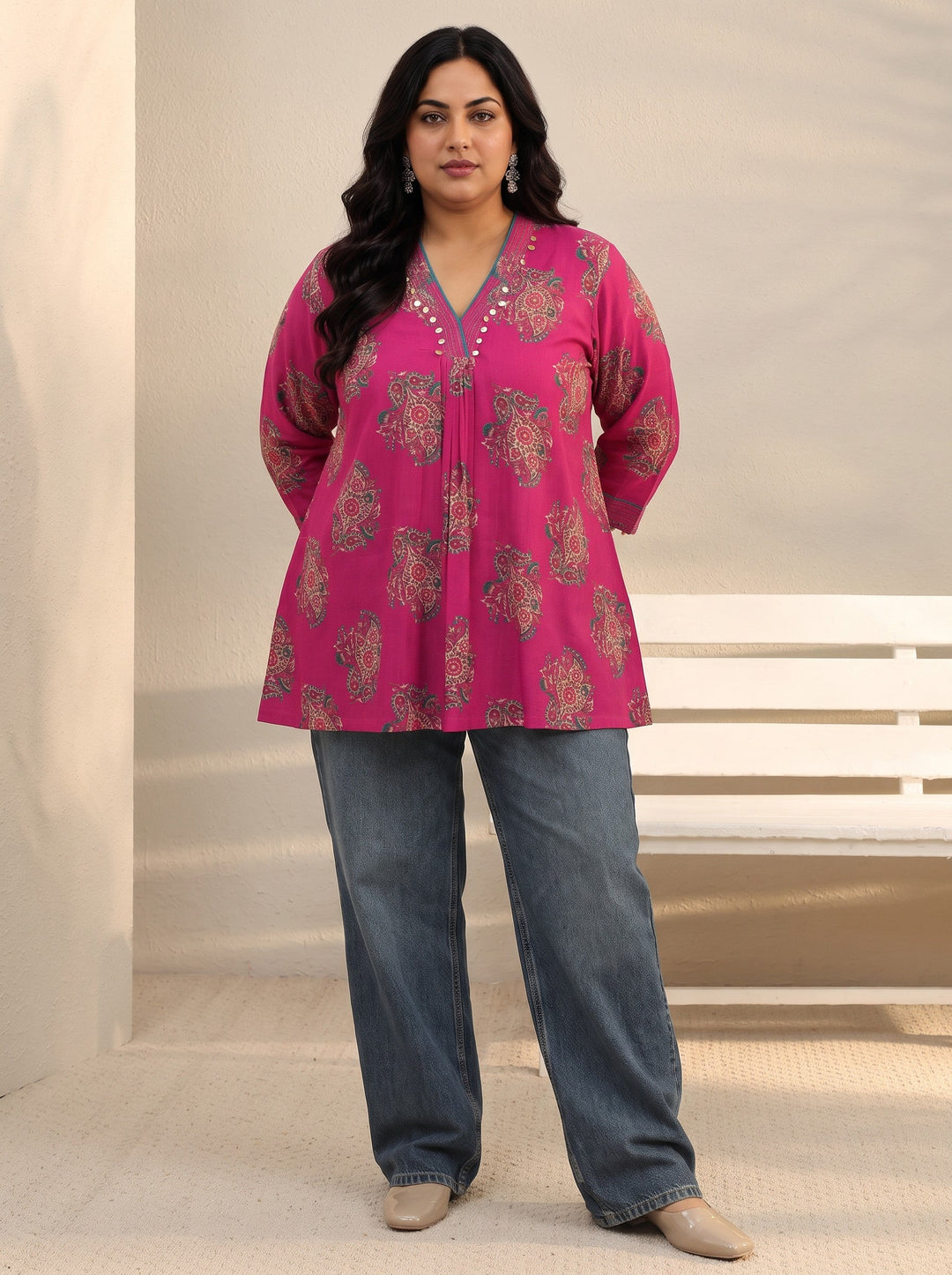  Plus Size Pink Ethnic Printed Silk Blend A-Line Short Kurti 