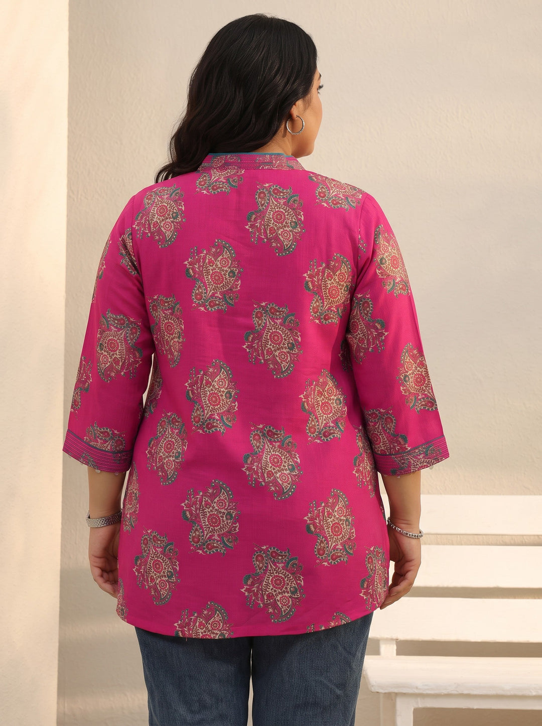  Plus Size Pink Ethnic Printed Silk Blend A-Line Short Kurti 