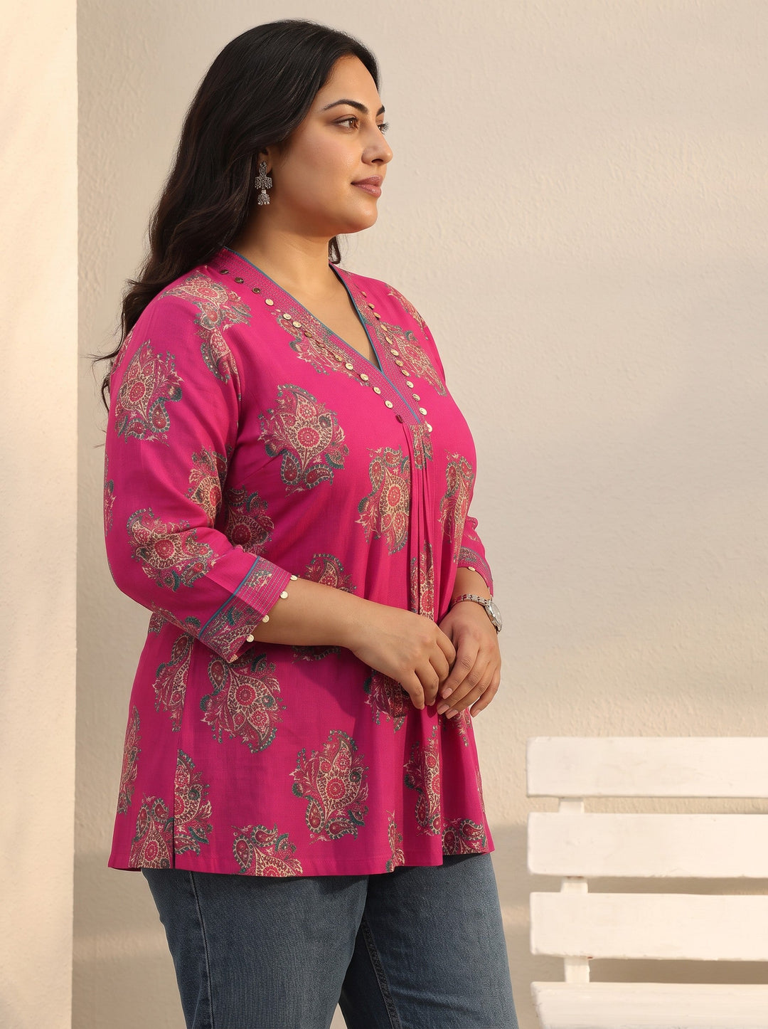  Plus Size Pink Ethnic Printed Silk Blend A-Line Short Kurti 