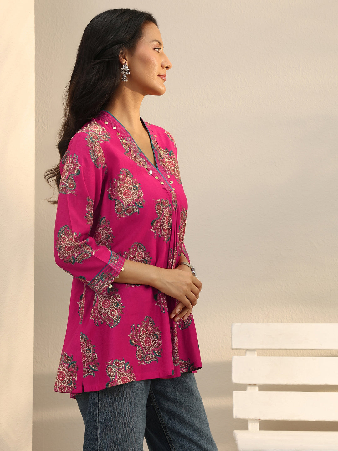  Pink Ethnic Printed Silk Blend A-Line Short Kurti 