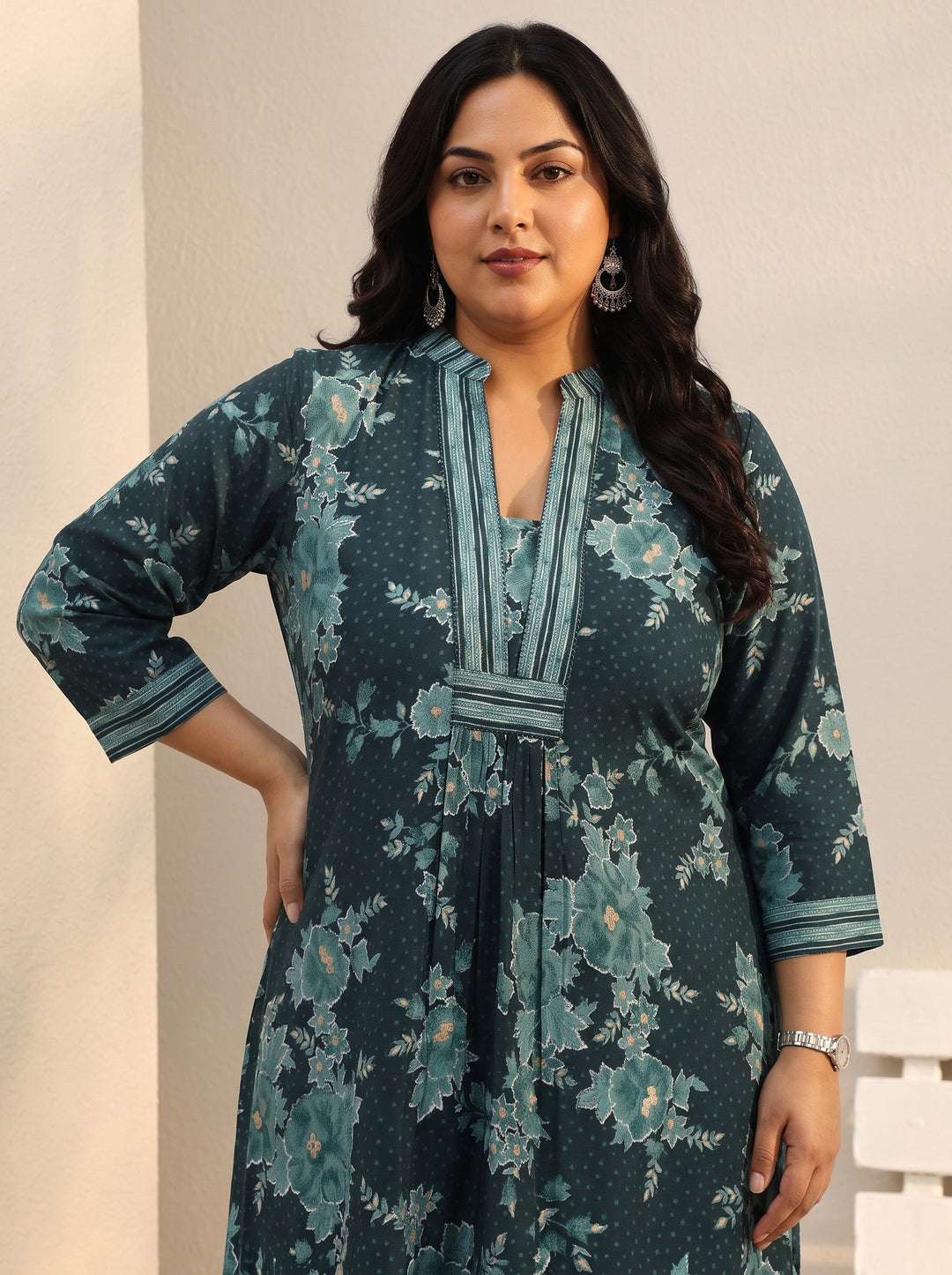  Plus Size Teal Floral Printed Silk Blend Straight Short Kurti 