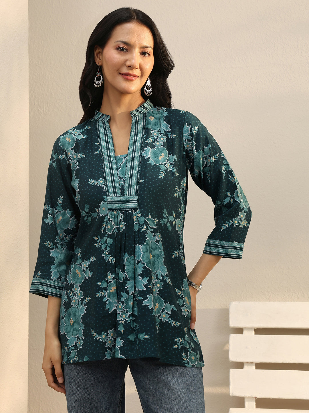  Teal Floral Printed Silk Blend Straight Short Kurti 