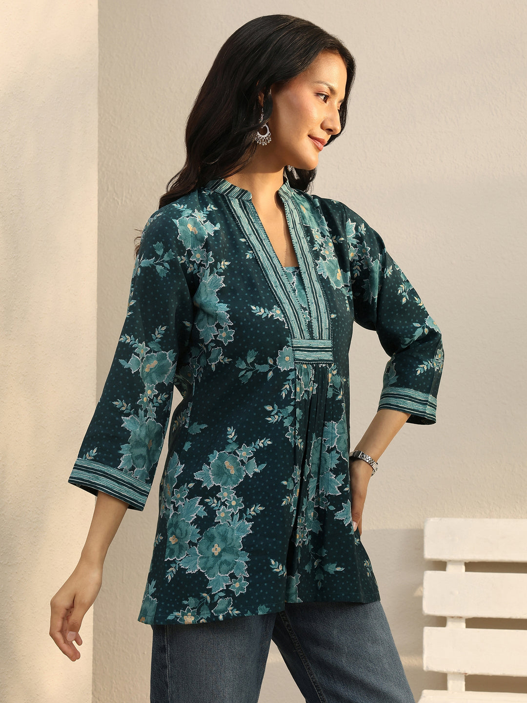  Teal Floral Printed Silk Blend Straight Short Kurti 