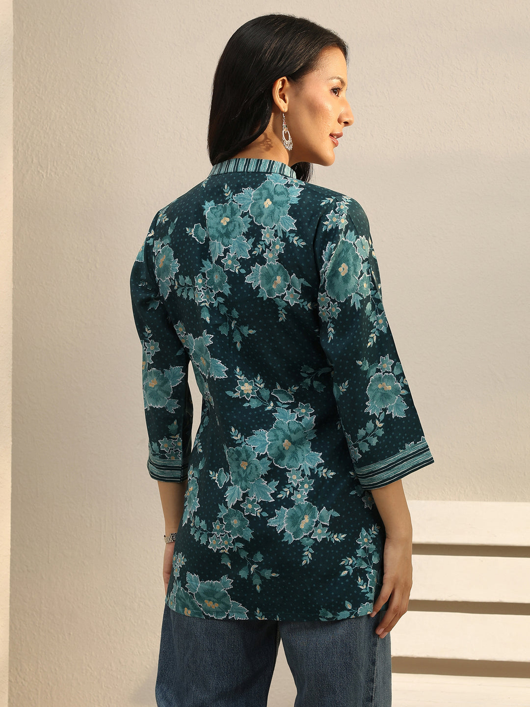  Teal Floral Printed Silk Blend Straight Short Kurti 