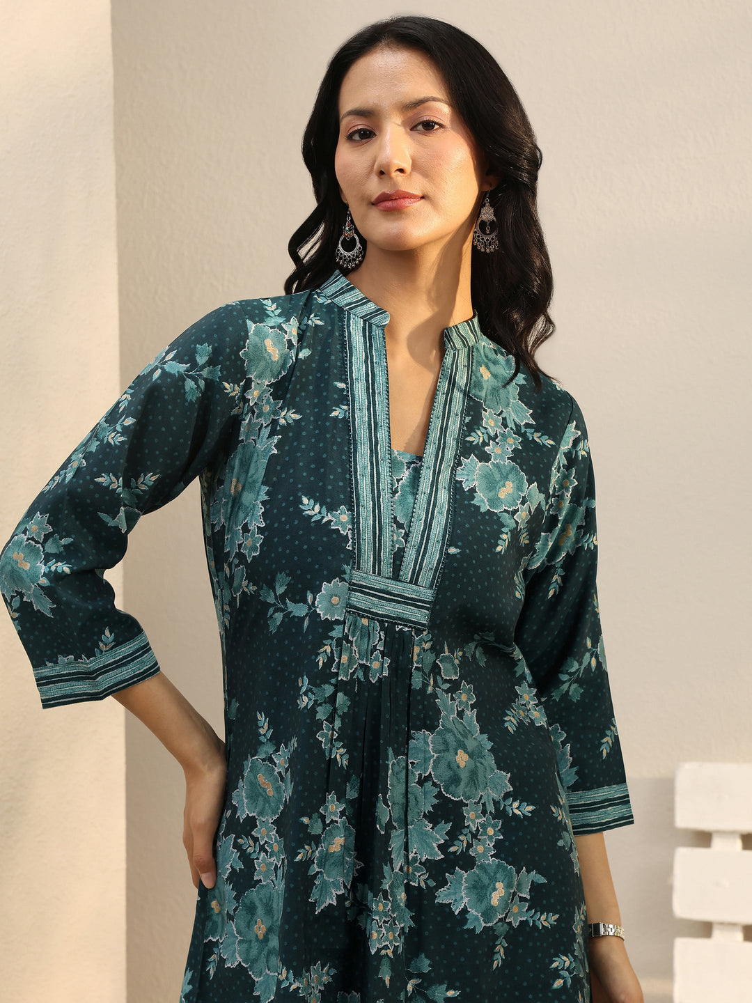  Teal Floral Printed Silk Blend Straight Short Kurti 