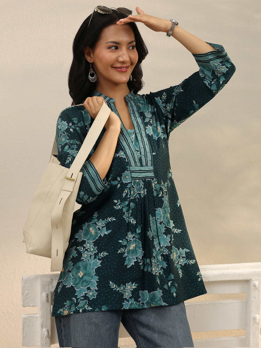  Teal Floral Printed Silk Blend Straight Short Kurti 