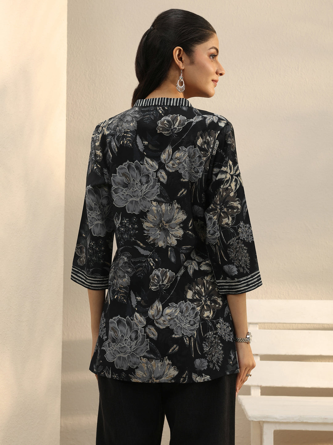  Black Floral Printed Silk Blend Straight Short Kurti 
