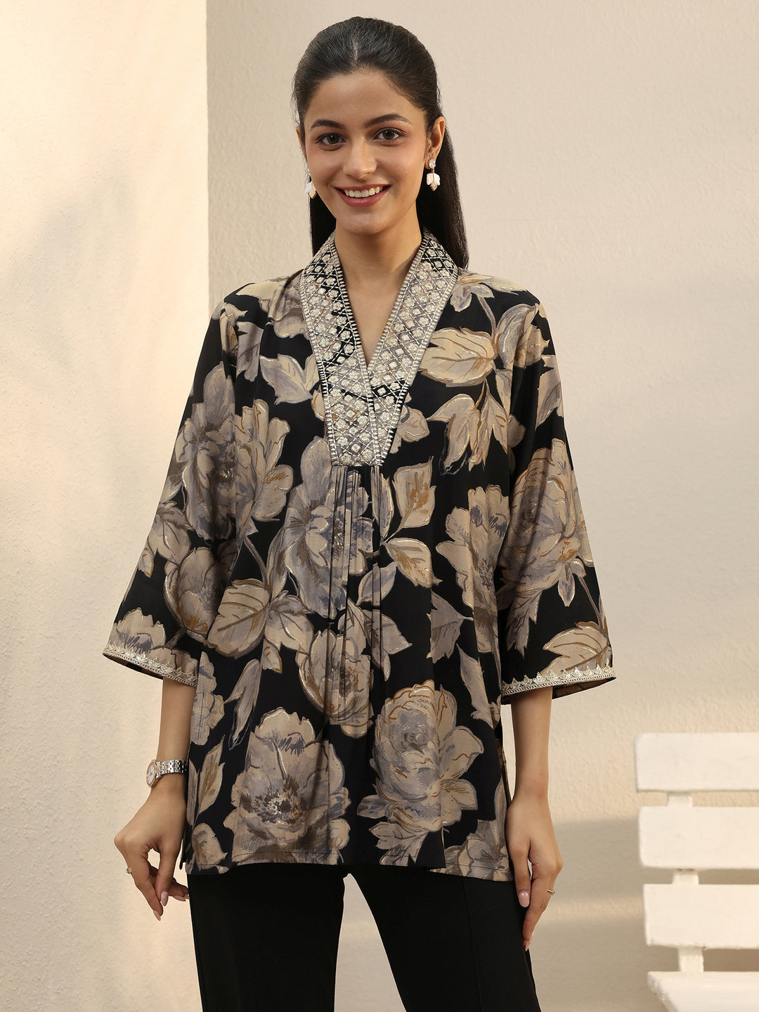  Black Floral Printed Silk Blend Straight Short Kurti 