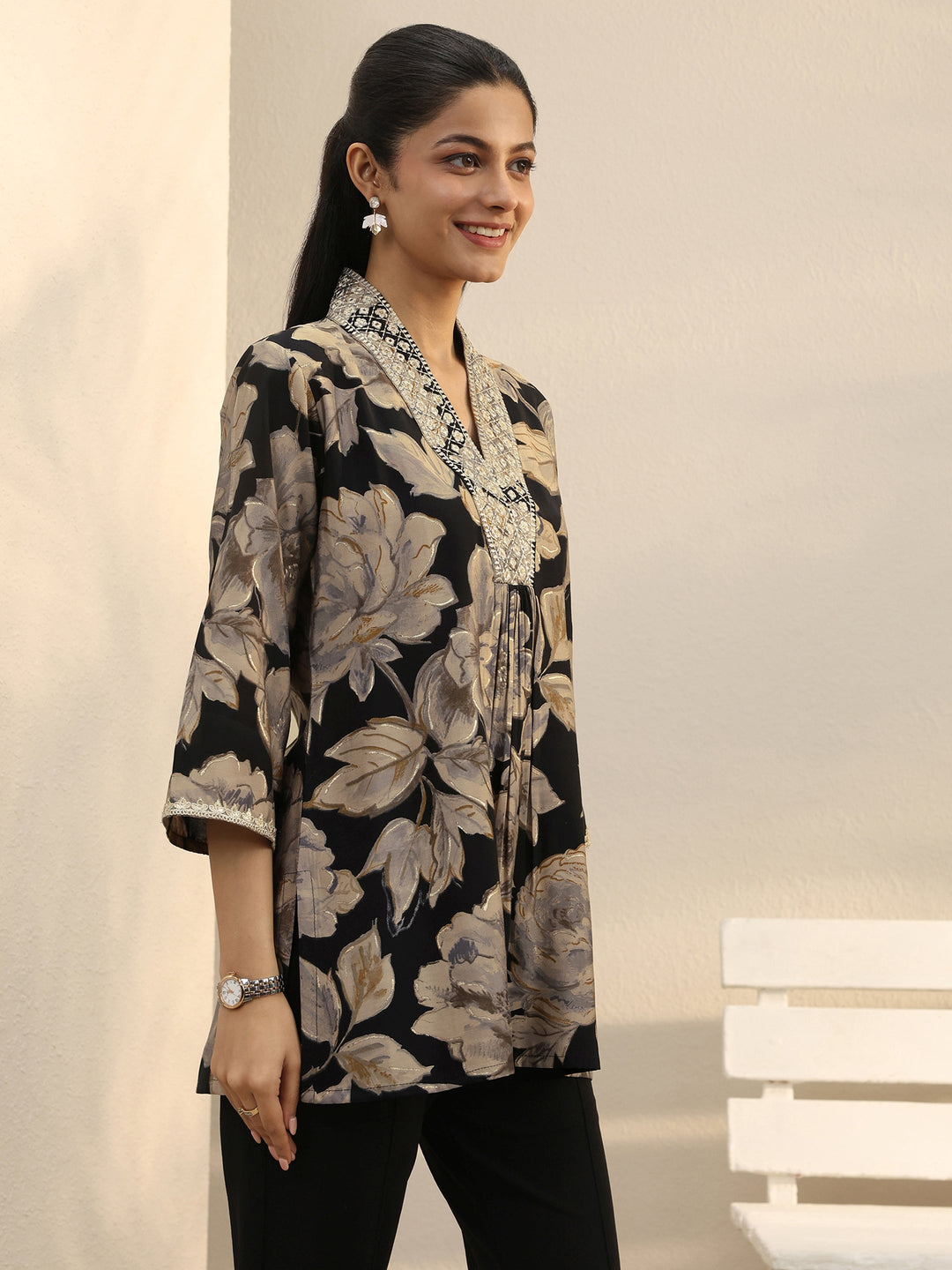 Black Floral Printed Silk Blend Straight Short Kurti 