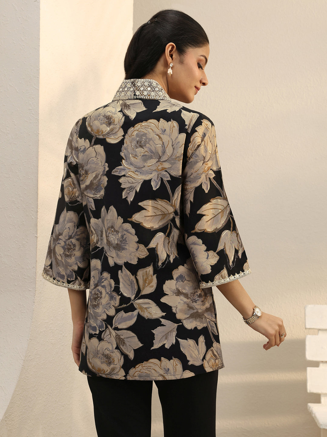  Black Floral Printed Silk Blend Straight Short Kurti 