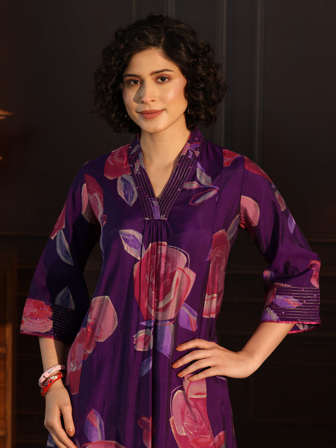  Libas Purple Floral printed A-Line Kurta 