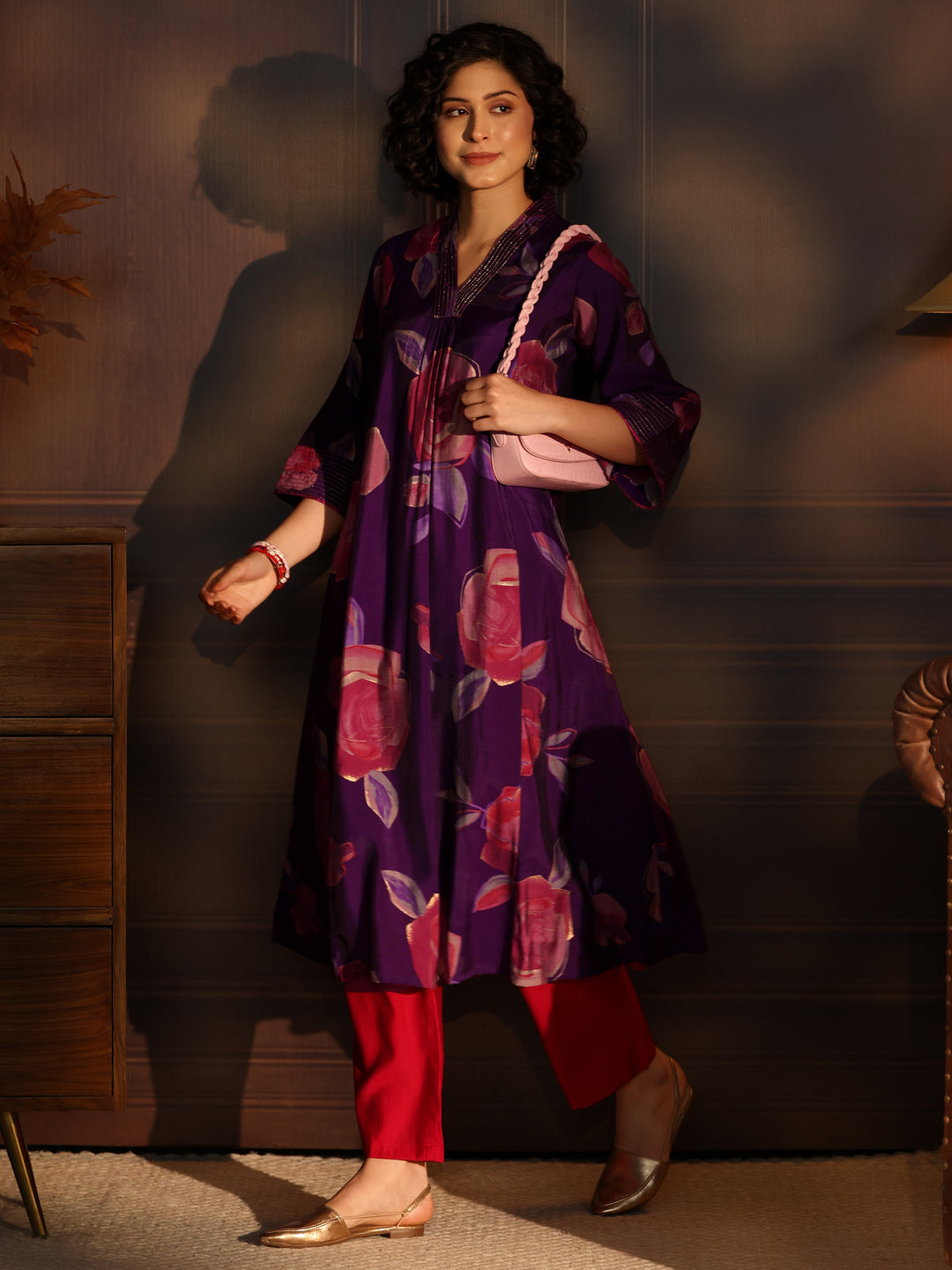  Libas Purple Floral printed A-Line Kurta 