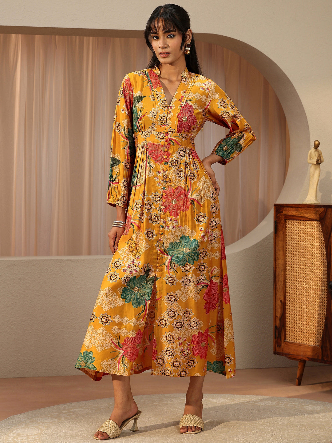  Daffodil Yellow Floral Printed Silk Blend Empire Dress 