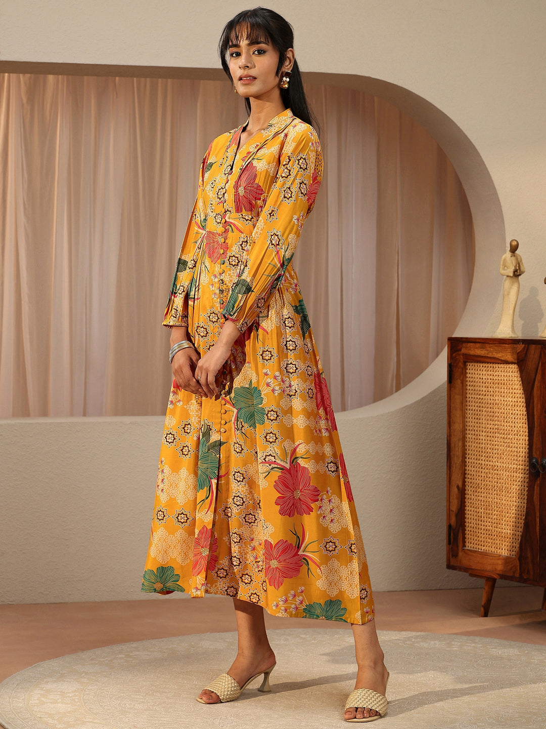 Daffodil Yellow Floral Printed Silk Blend Empire Dress 