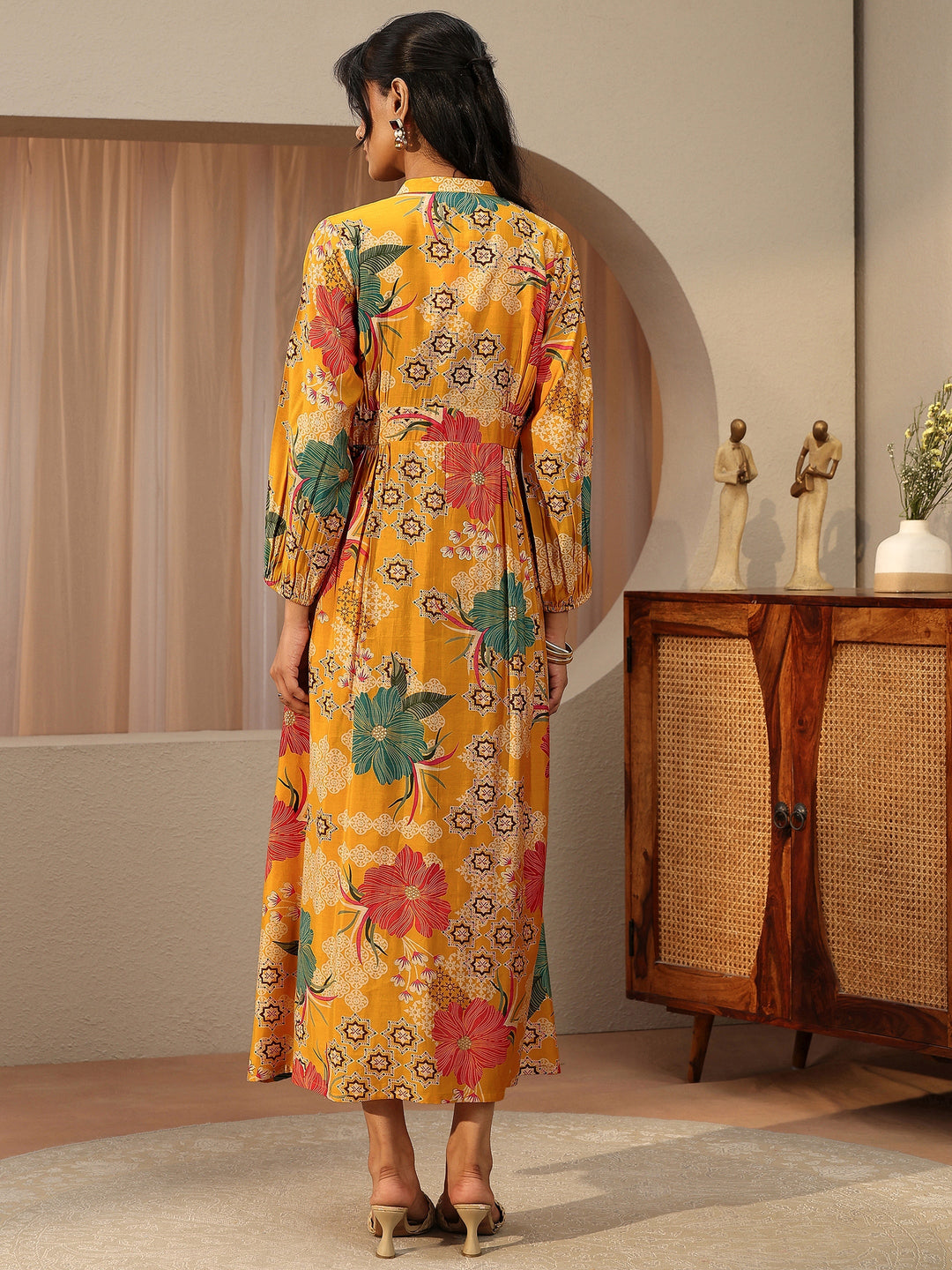  Daffodil Yellow Floral Printed Silk Blend Empire Dress 
