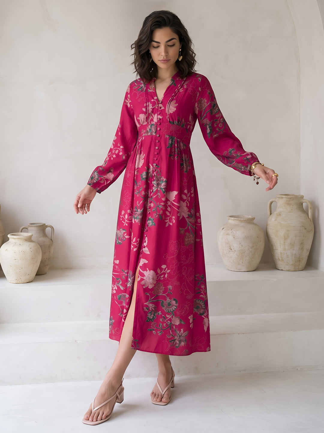  Libas Pink Floral Printed A-Line Silk Blend Dress 