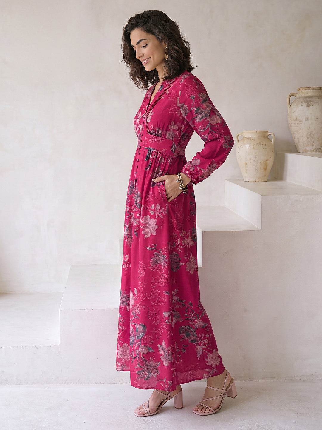 Libas Pink Floral Printed A-Line Silk Blend Dress 
