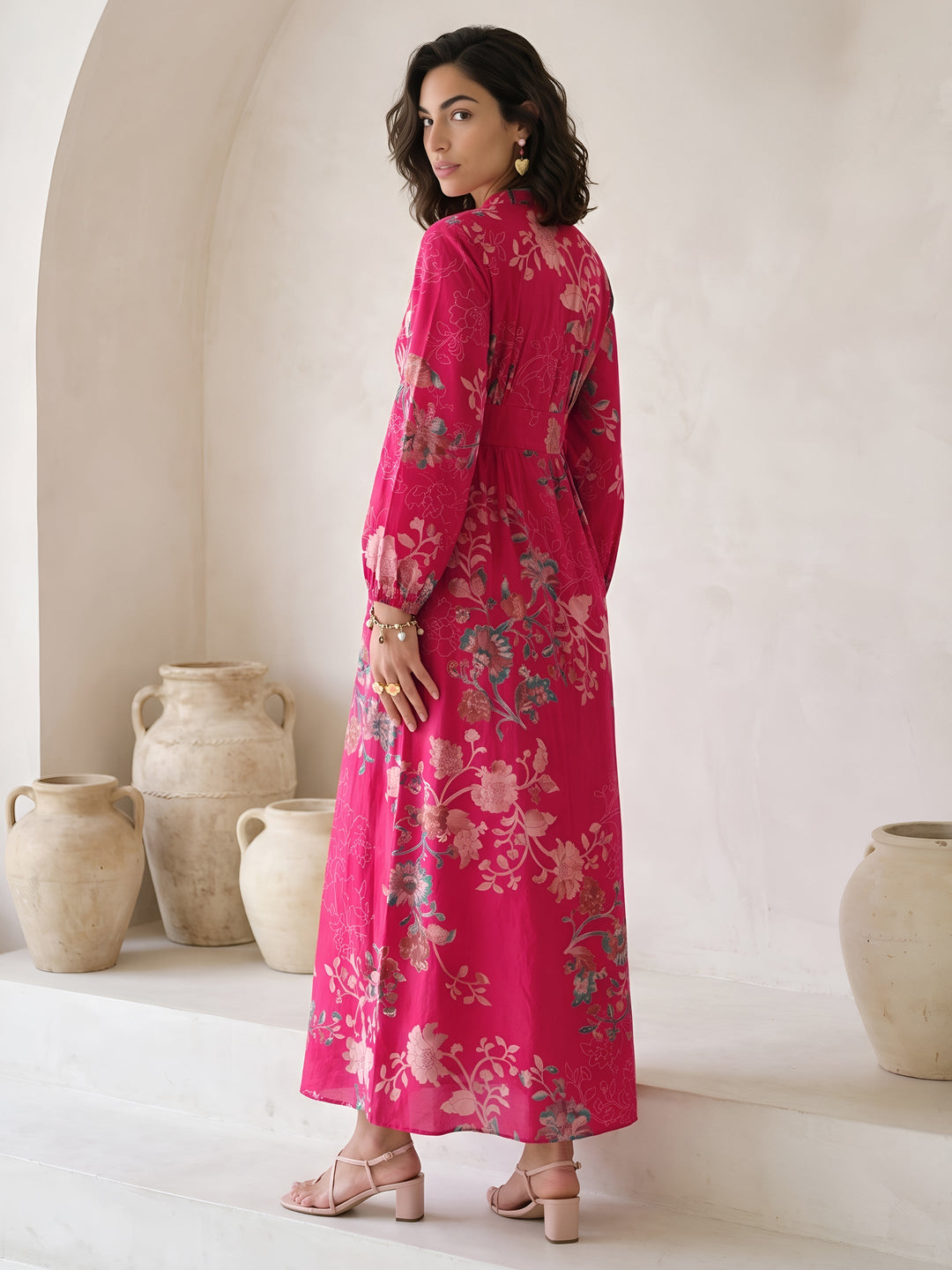 Libas Pink Floral Printed A-Line Silk Blend Dress 