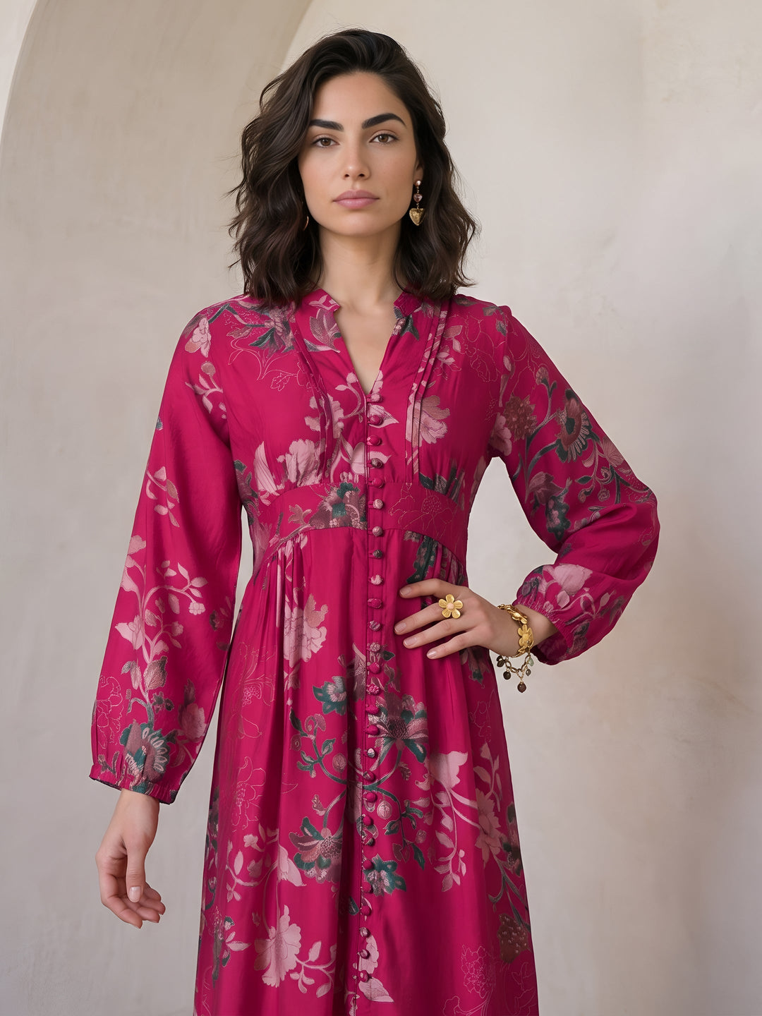  Libas Pink Floral Printed A-Line Silk Blend Dress 