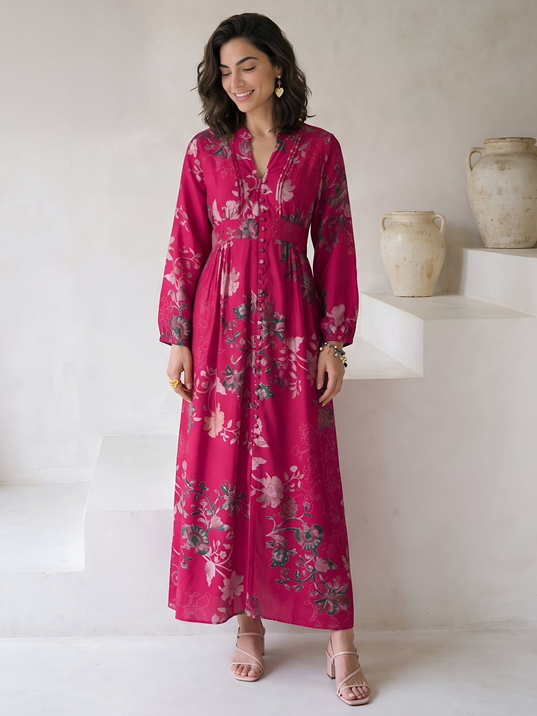 Libas Pink Floral Printed A-Line Silk Blend Dress 