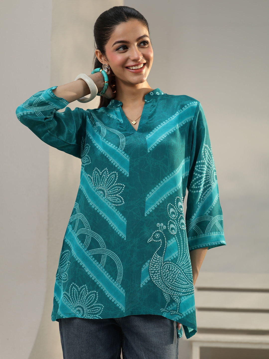  Teal Bandhani Printed Crepe Straight Short Kurti 