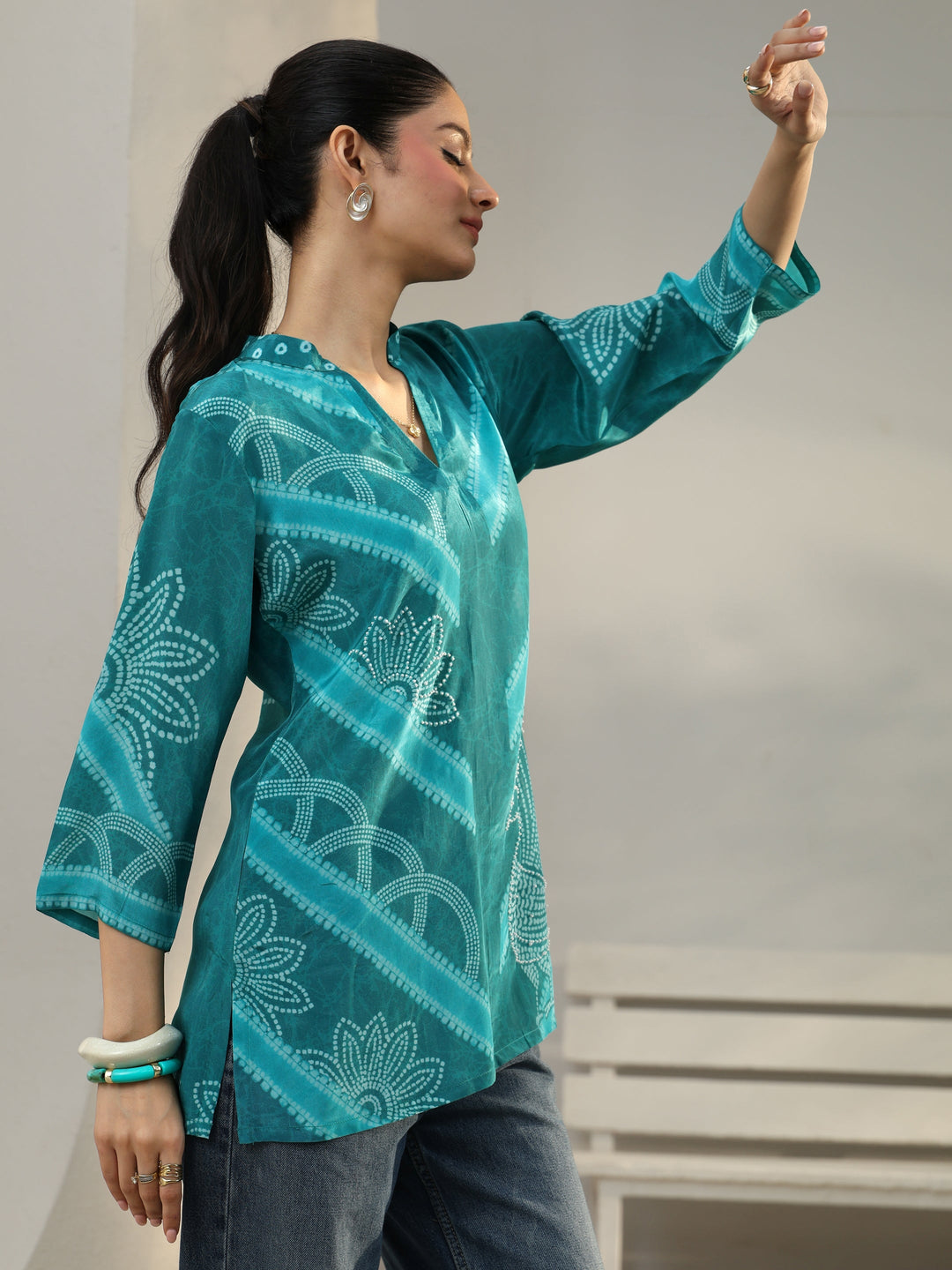  Teal Bandhani Printed Crepe Straight Short Kurti 