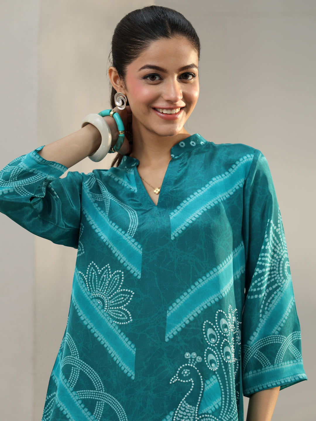  Teal Bandhani Printed Crepe Straight Short Kurti 