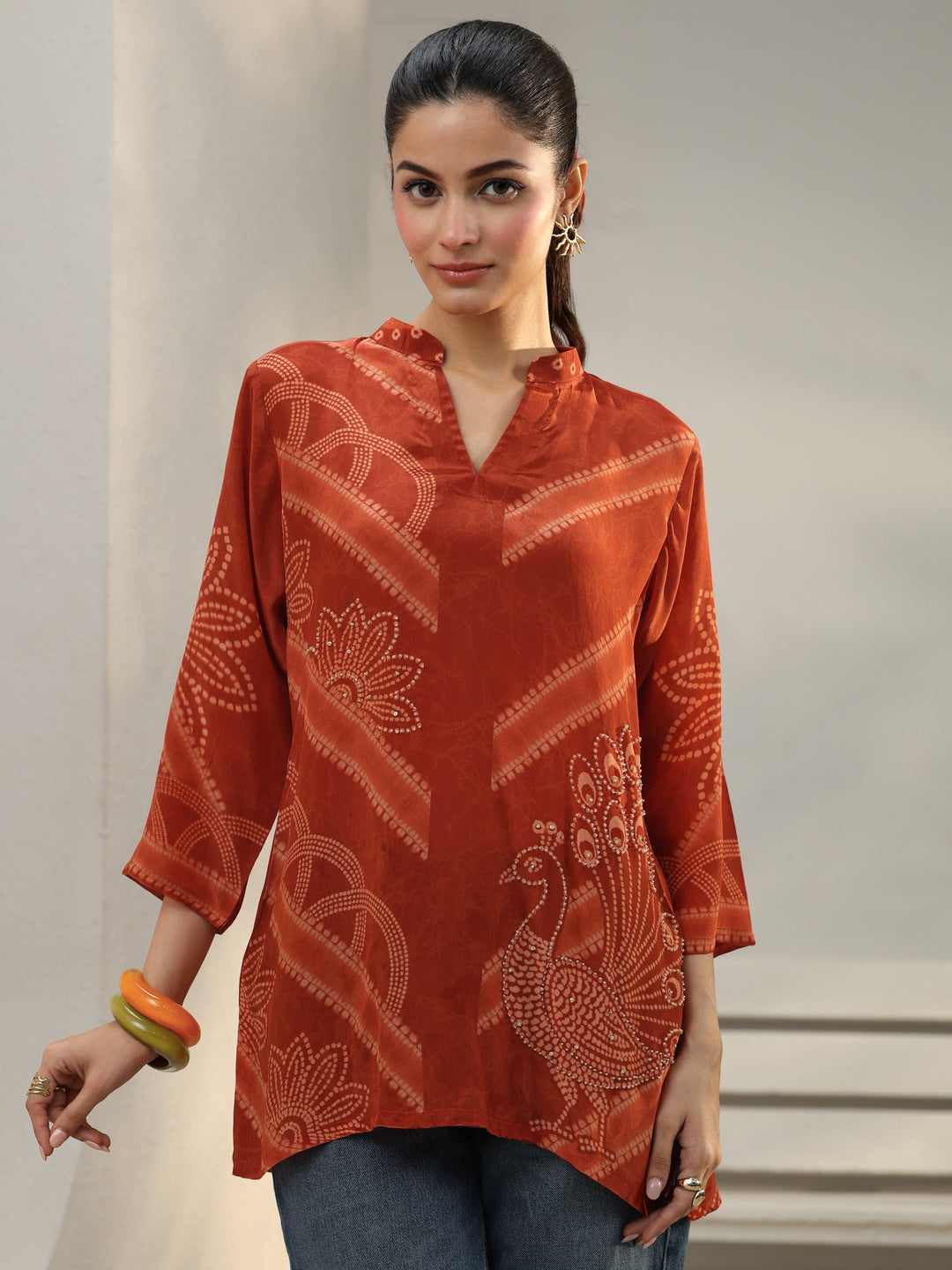  Orange Bandhani Printed Crepe Straight Short Kurti 