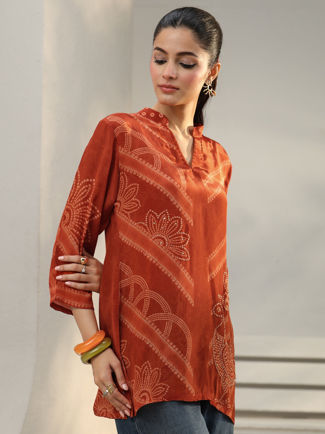 Orange Bandhani Printed Crepe Straight Short Kurti 